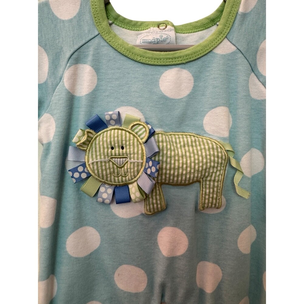 Y2K Mudpie Baby Lion Romper Sleeper Blue and White polkadot Lion Size 0-3 - Picture 2 of 6